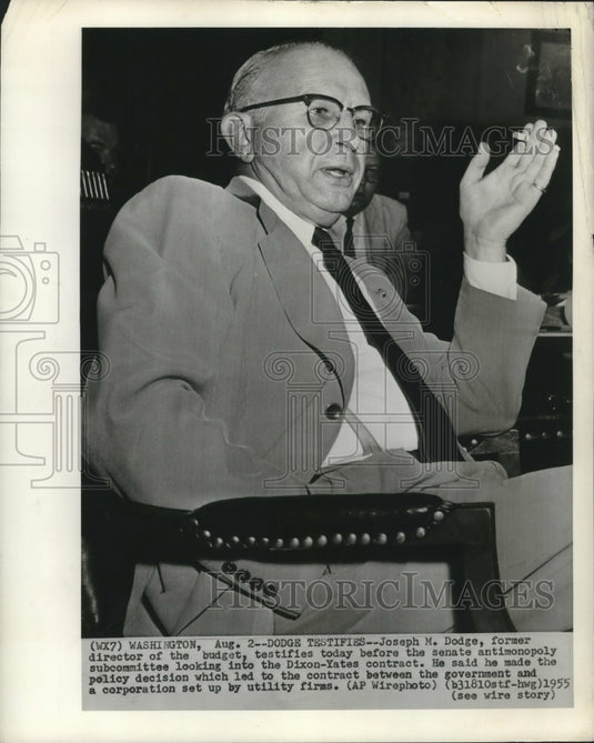 1955 Press Photo Joseph M. Dodge Testifies Before Senate, Washington DC