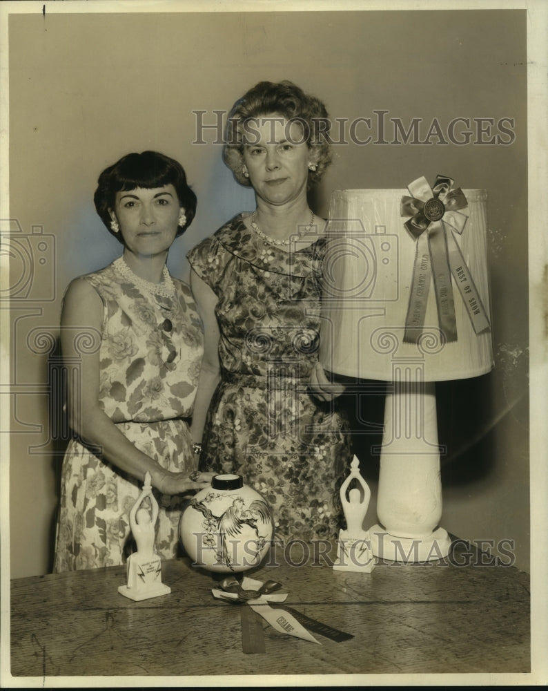 Load image into Gallery viewer, 1964 Press Photo Ceramic Guild show winners, Mrs.Myra Dugas and Mrs.Edith Lacour
