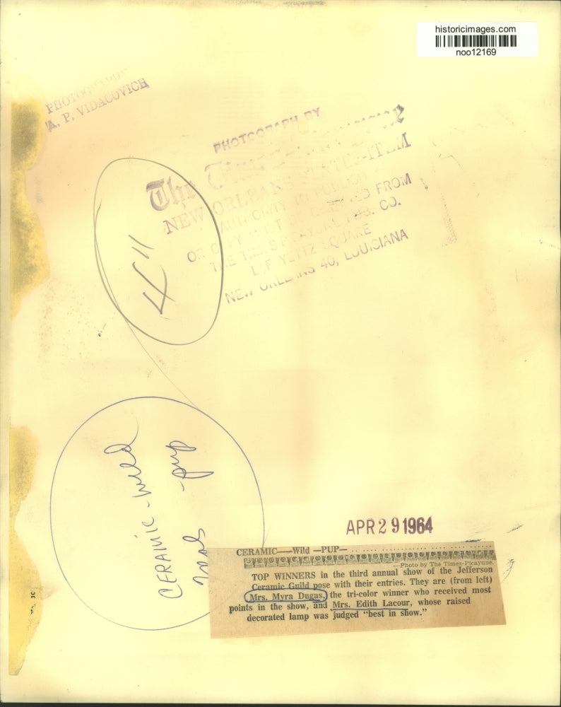 Load image into Gallery viewer, 1964 Press Photo Ceramic Guild show winners, Mrs.Myra Dugas and Mrs.Edith Lacour
