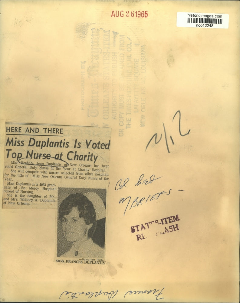 1965 Press Photo Frances Jean Duplantis, Nurse of the Year at Charity Hospital