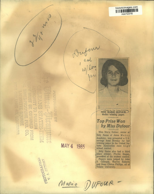 1965 Press Photo Marie Dufour of Holy Name Academy, winner of writing contest