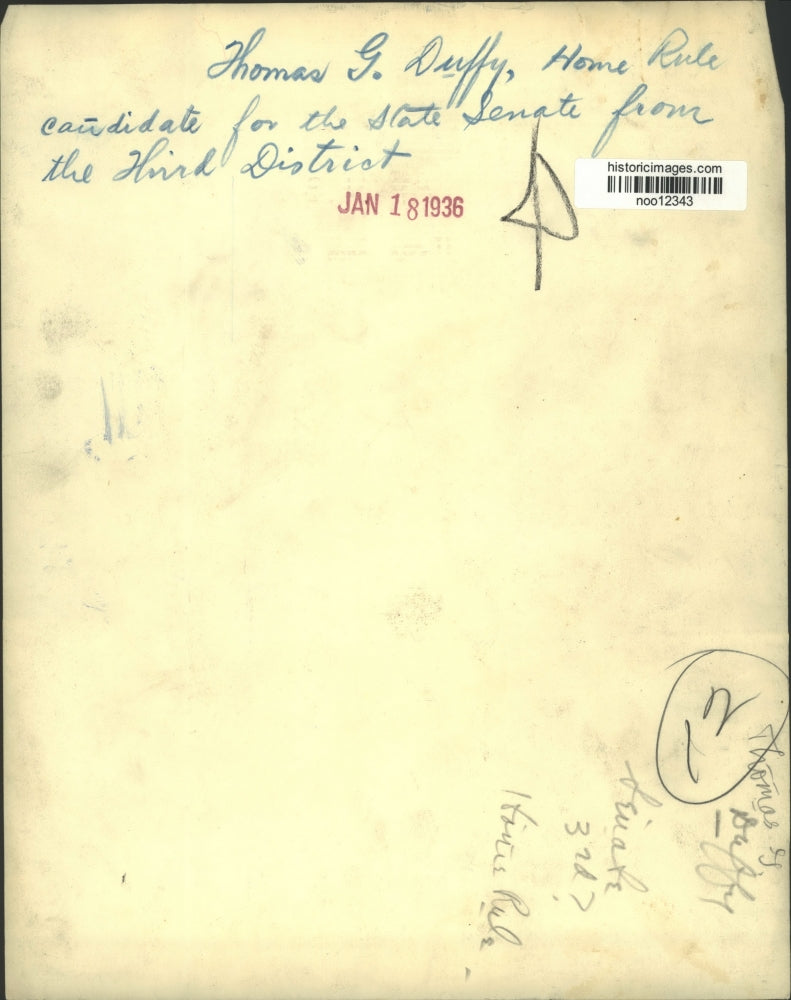 1936 Press Photo Thomas G. Duffy, Home Rule candidate for State Senate