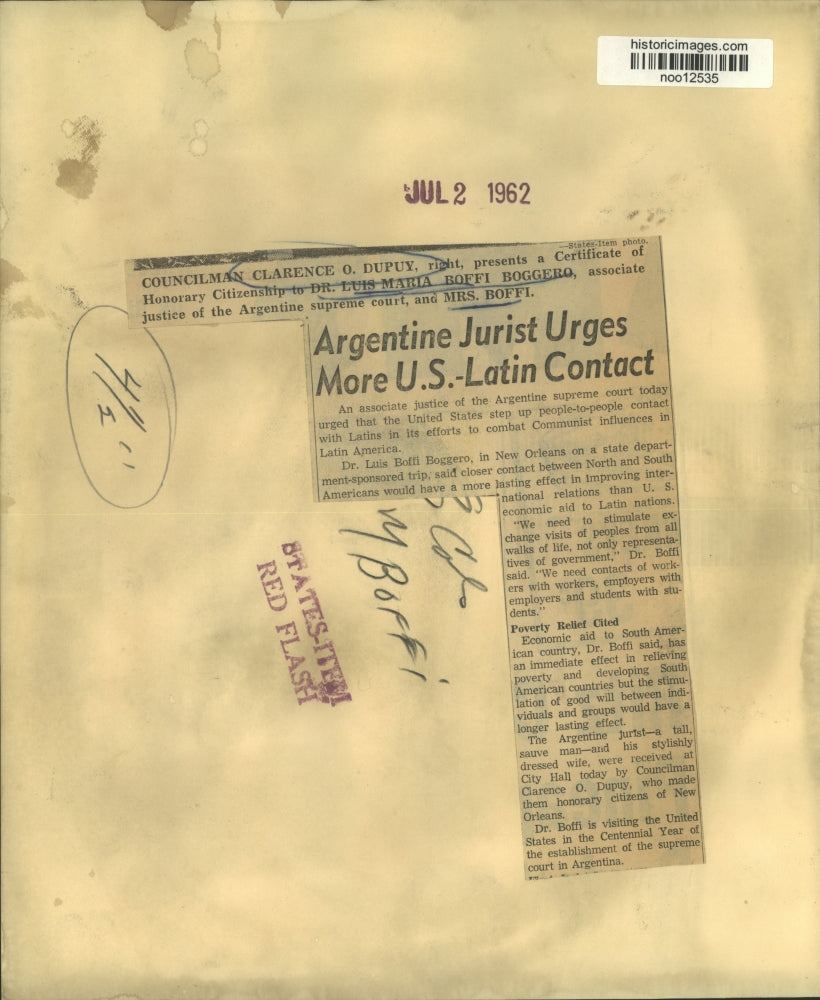 1962 Press Photo Councilman Clarence Dupuy honors Dr. Luis Maria Boffi Boggero