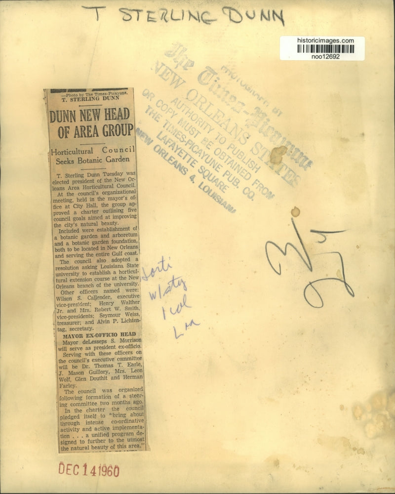 1960 Press Photo T. Sterling Dunn, New Orleans Area Horticultural Council