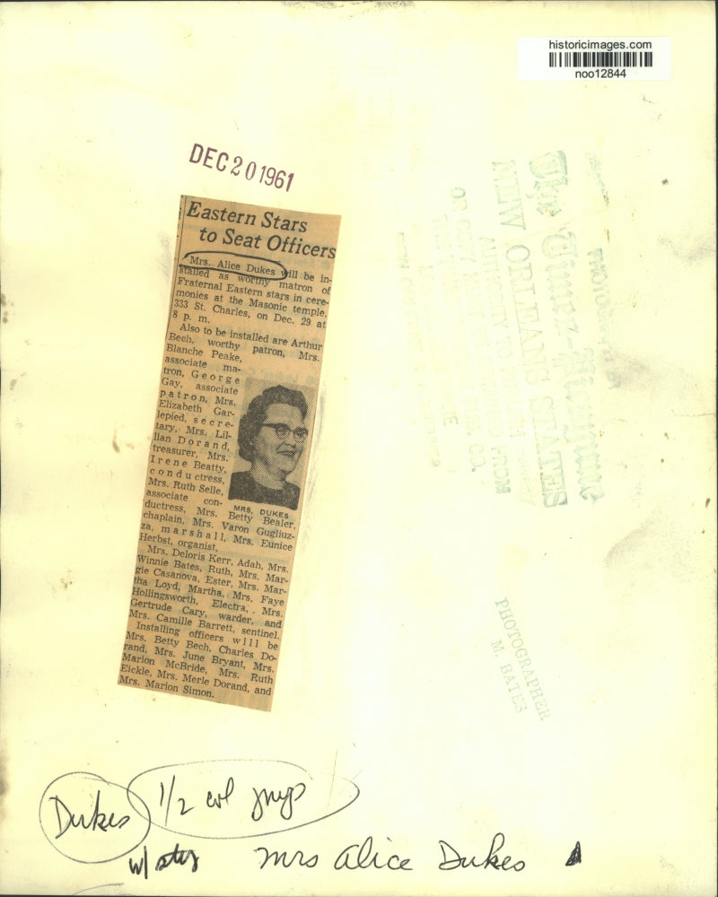 1961 Press Photo Mrs. Alice Dukes, Matron of Fraternal Eastern Stars - noo12844