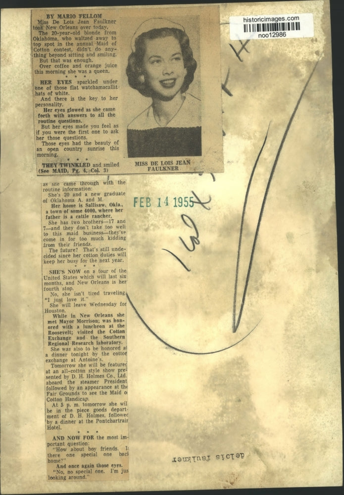 1955 Press Photo Miss De Lois Jean Faulkner, Maid of Cotton contest winner