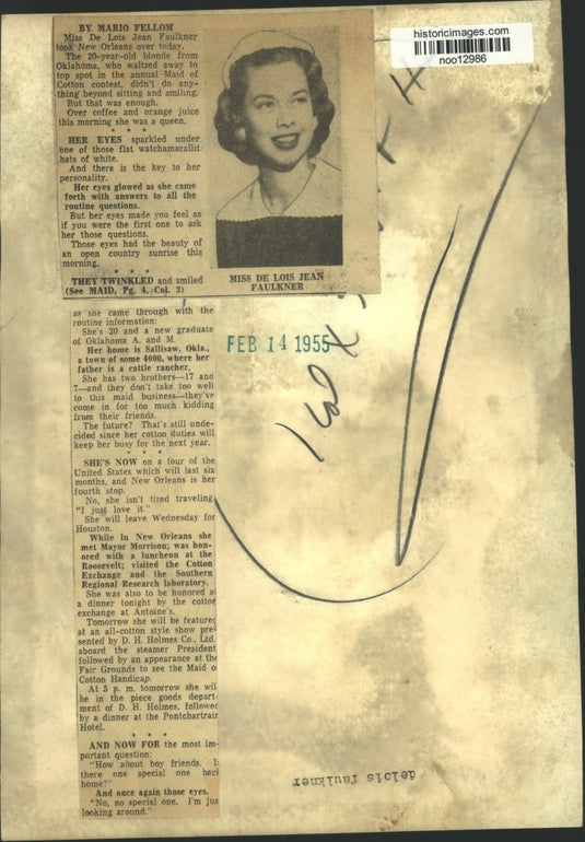 1955 Press Photo Miss De Lois Jean Faulkner, Maid of Cotton contest winner