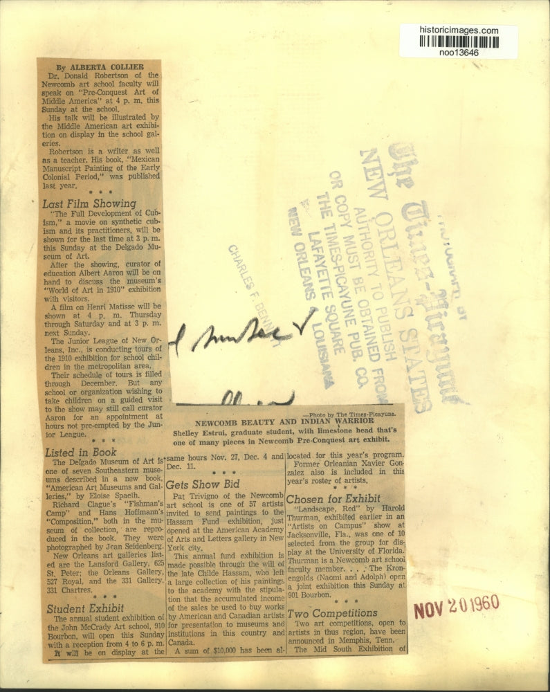 1960 Press Photo Shelley Estrul at Newcomb Pre-Conquest art exhibit - noo13646