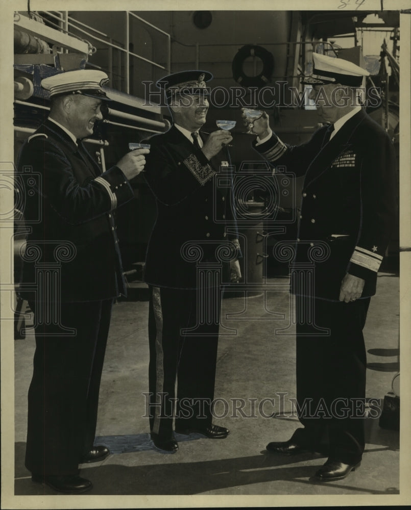 1951 Press Photo U.S. Navy delegates toast to YOG-80 tanker successful operation