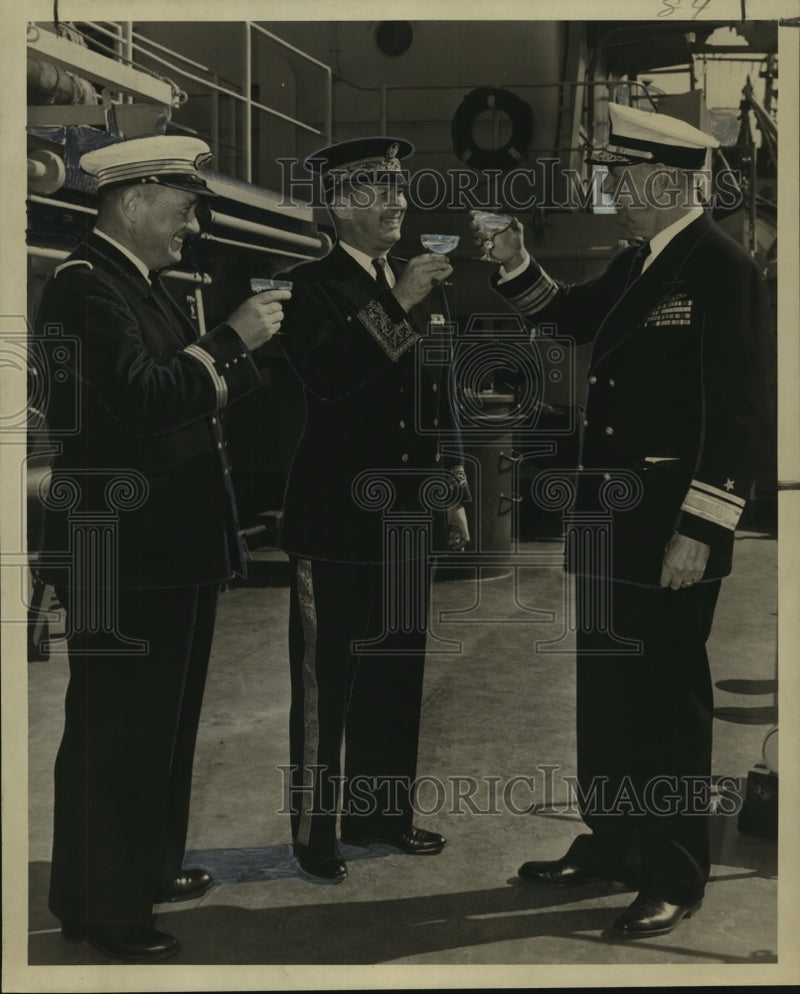 Load image into Gallery viewer, 1951 Press Photo U.S. Navy delegates toast to YOG-80 tanker successful operation
