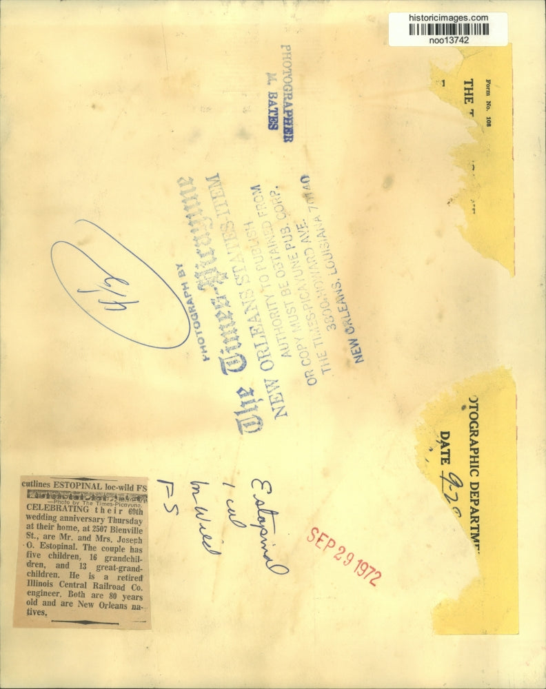 1972 Press Photo Mr and Mrs Joseph Estopinal Celebrate 60th Wedding Anniversary