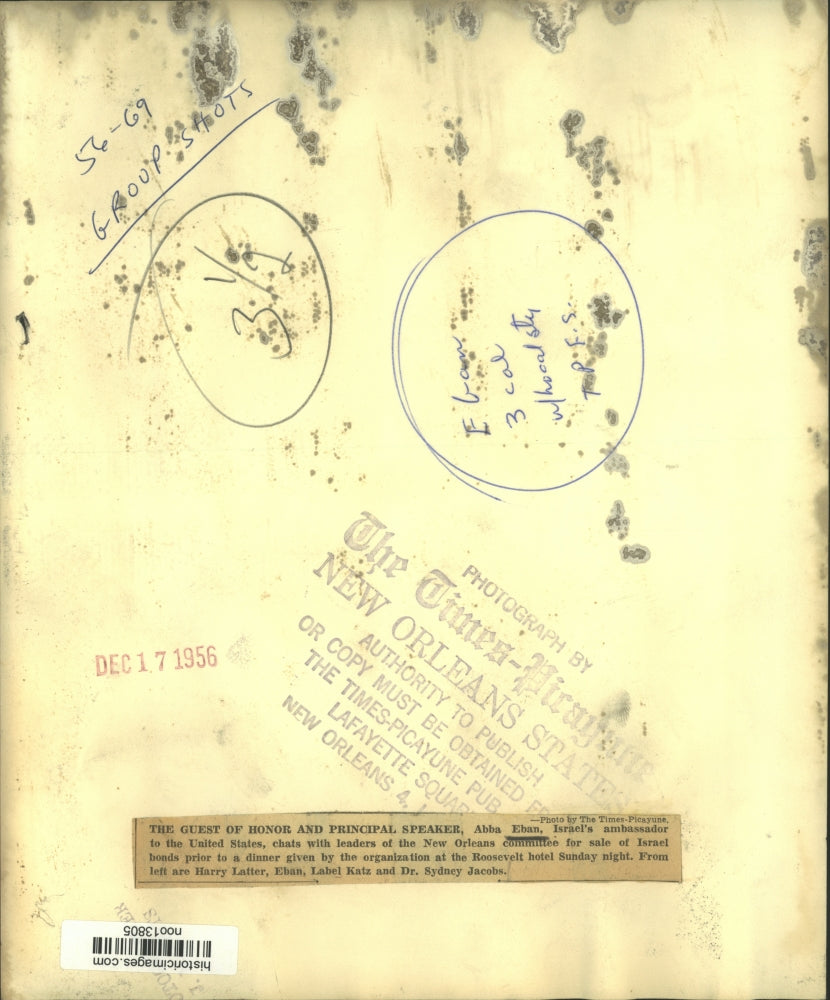 1956 Press Photo New Orleans Israel Supporters with Israeli Ambassador