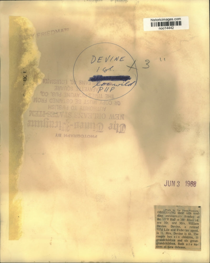 1968 Press Photo Mr. & Mrs. William Devine's 50th Anniversary, New Orleans