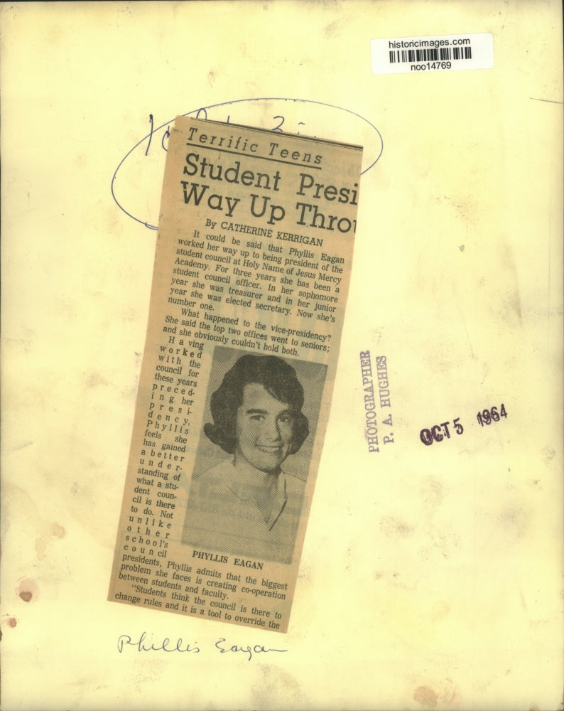 1964 Press Photo Holy Name of Jesus Mercy Academy Student Council President