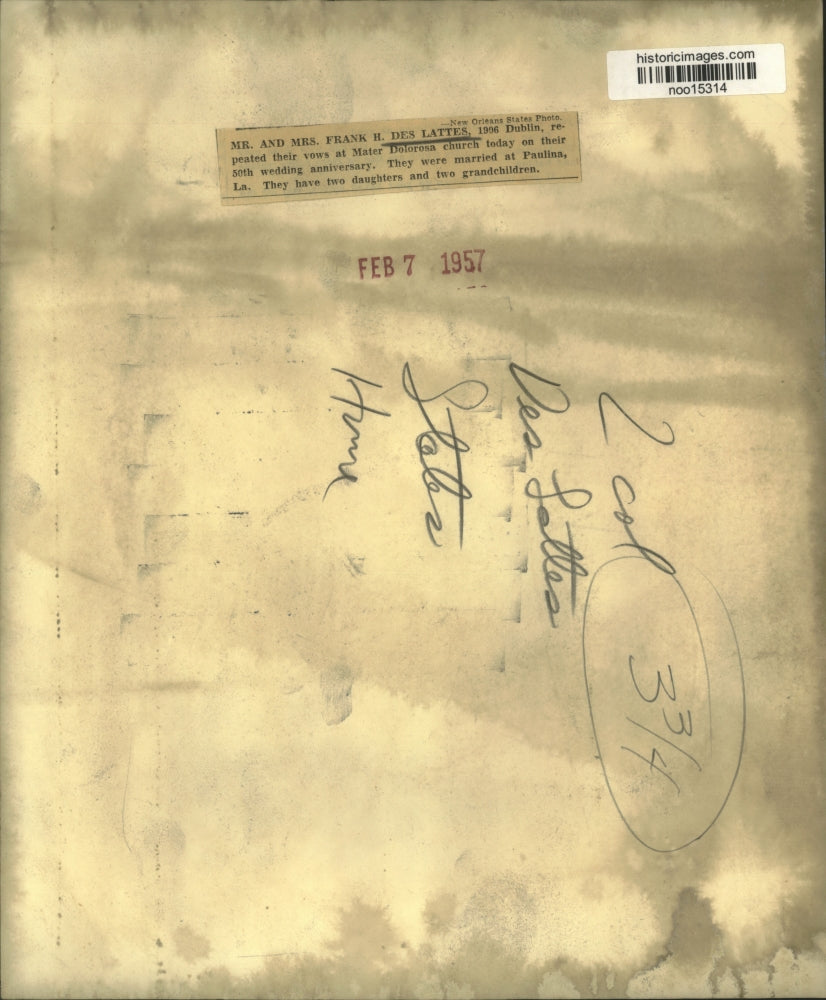 1957 Press Photo Mr. & Mrs. Frank Des Lattes Repeat Vows on 50th, New Orleans