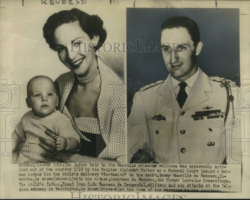 Load image into Gallery viewer, 1952 Press Photo Count and Countess Ivan du Monceau de Bergendal with their son
