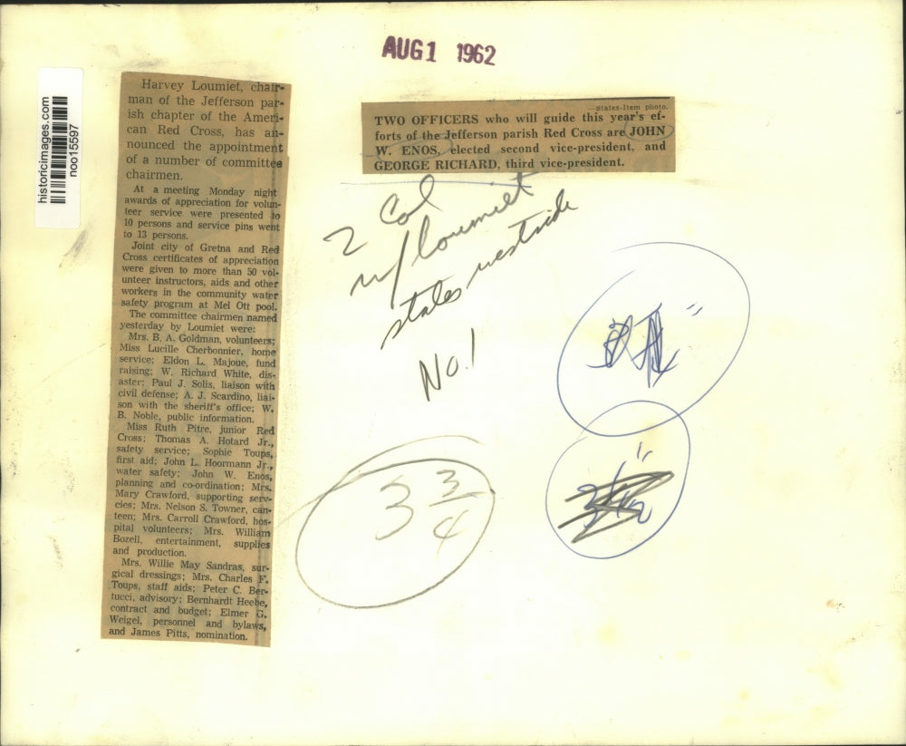 1962 Press Photo Two Officers of Jefferson Parish Chapter, American Red Cross