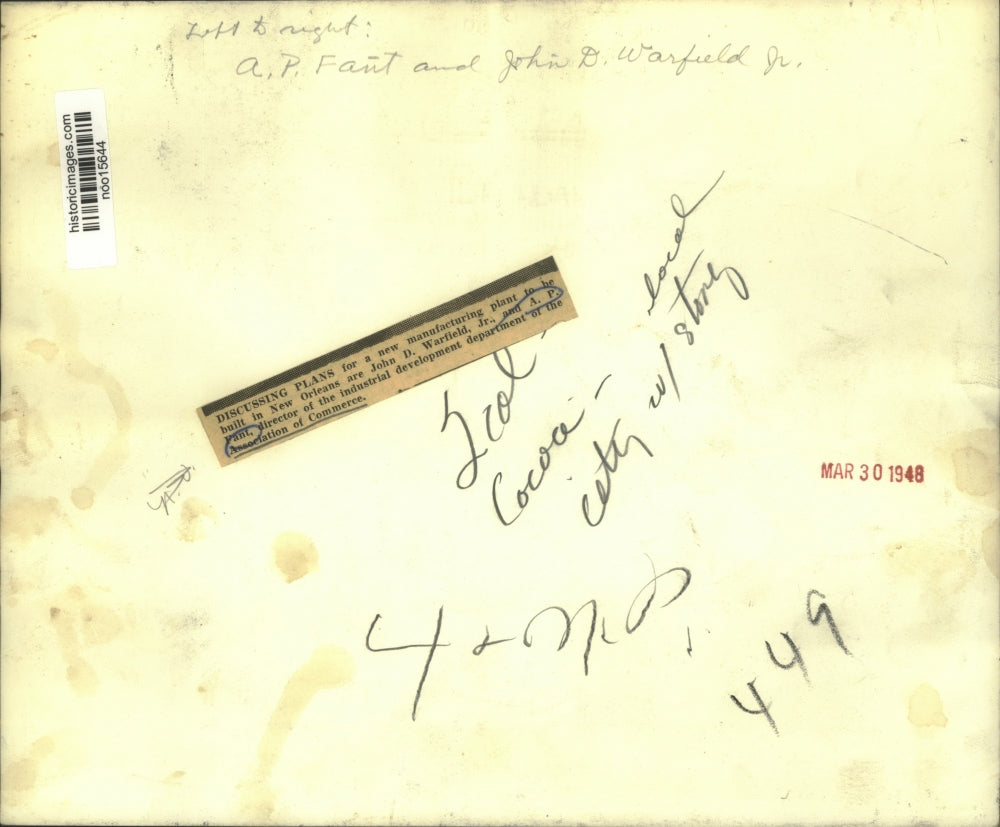 1948 Press Photo A. P. Fant & John Warfield discuss new manufacturing plant.