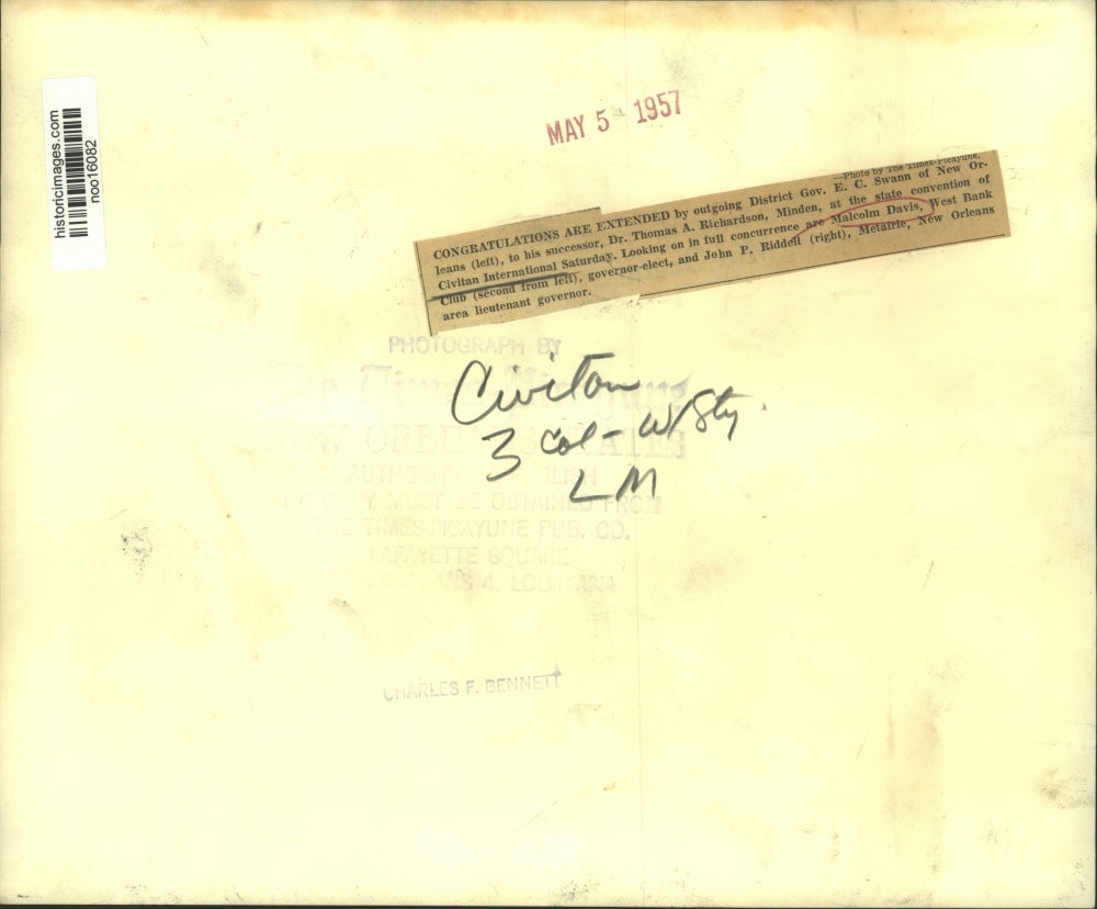 1957 Press Photo New Civitan International Governor Welcomed, New Orleans