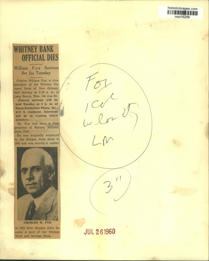 1915 Press Photo Charles W. Fox, vice president Whitney Bank, New Orleans