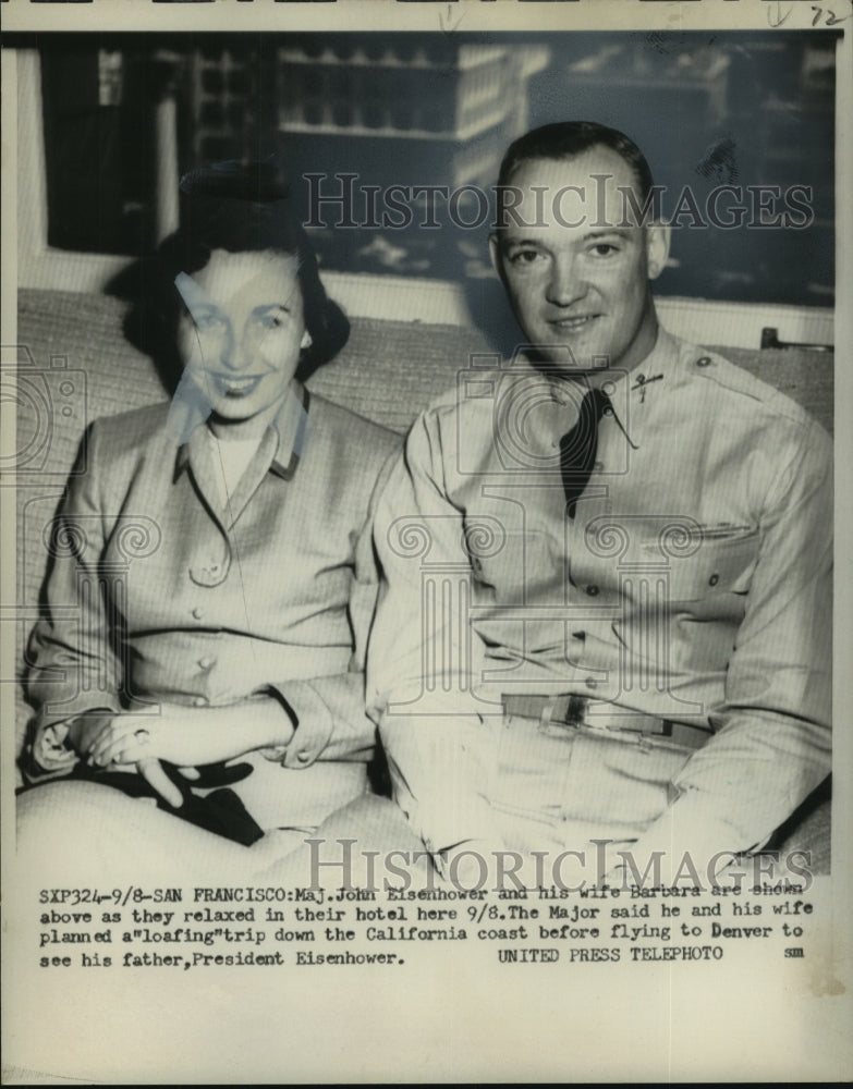 Load image into Gallery viewer, 1953 Press Photo Major John Eisenhower &amp; Wife Relax in San Francisco Hotel
