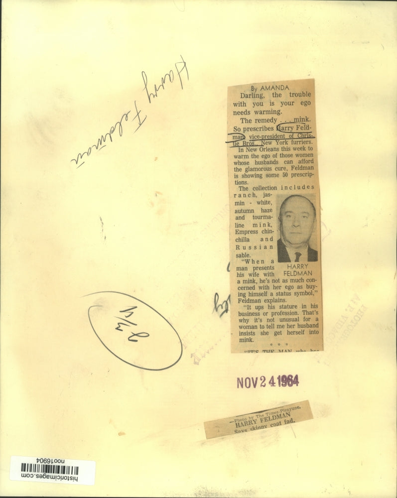 1964 Press Photo Harry Feldman, Christie Brothers Furriers, New York - noo16904