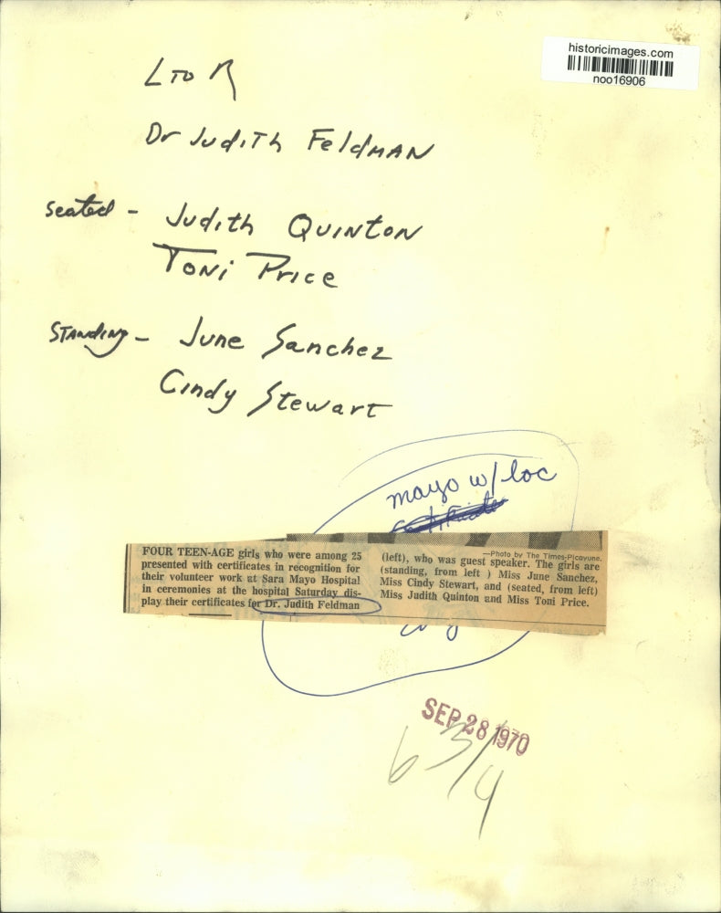 1970 Press Photo Sara Mayo Hospital Volunteers Recognized, New Orleans