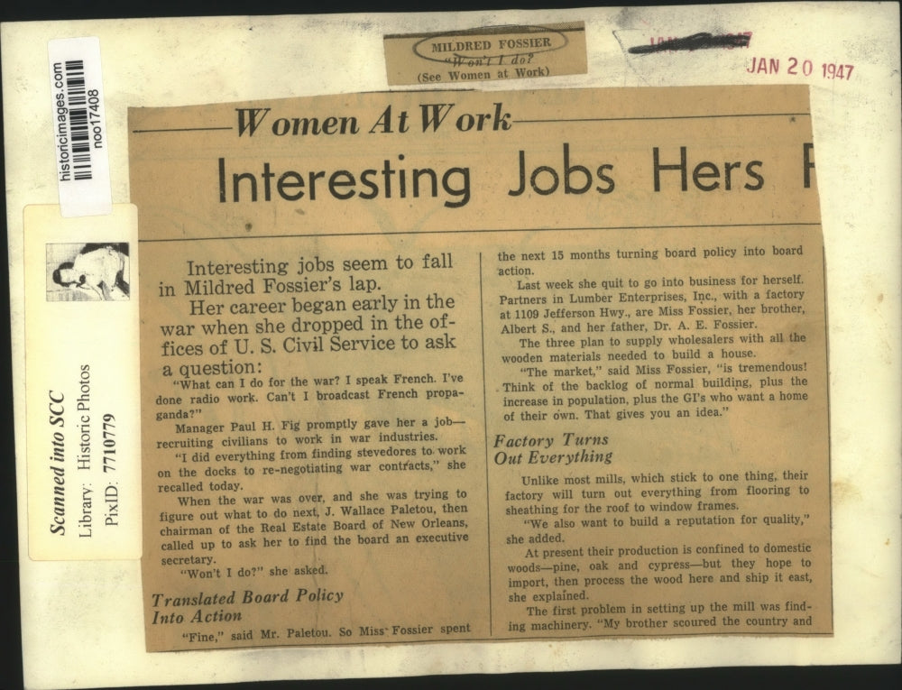 1947 Press Photo Mildred Fossier, Partners in Lumber Enterprises, Jefferson
