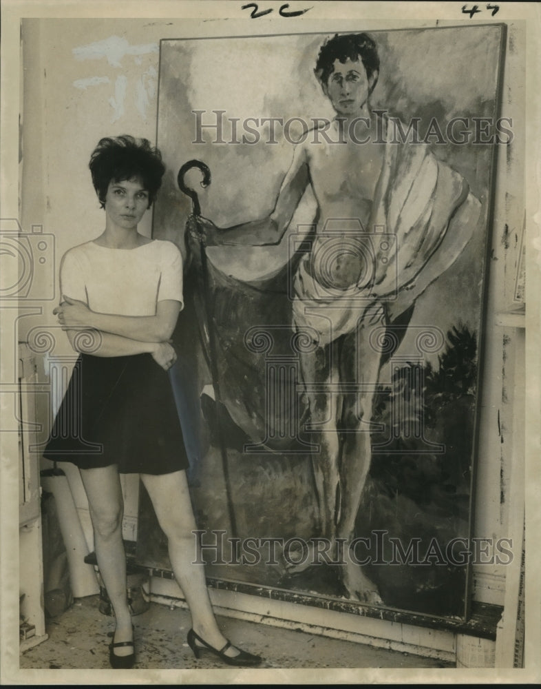 Load image into Gallery viewer, 1969 Press Photo Artist Susan Fosberg poses with her painting at art show
