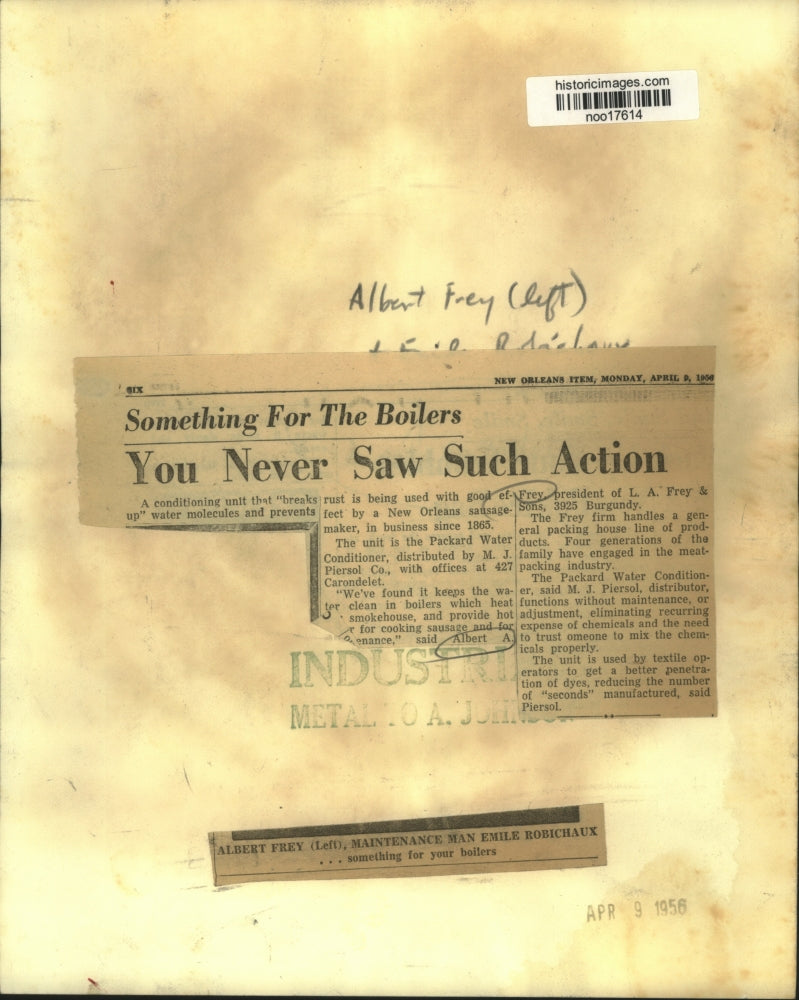 1956 Press Photo Albert Frey & maintenance man Emile Robichaux checks the boiler