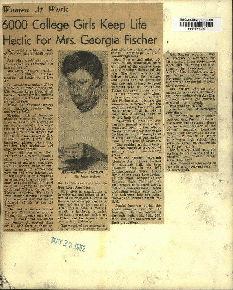 1952 Press Photo Mrs. Georgia Fischer, executive secretary Newcomb Alumnae Assoc