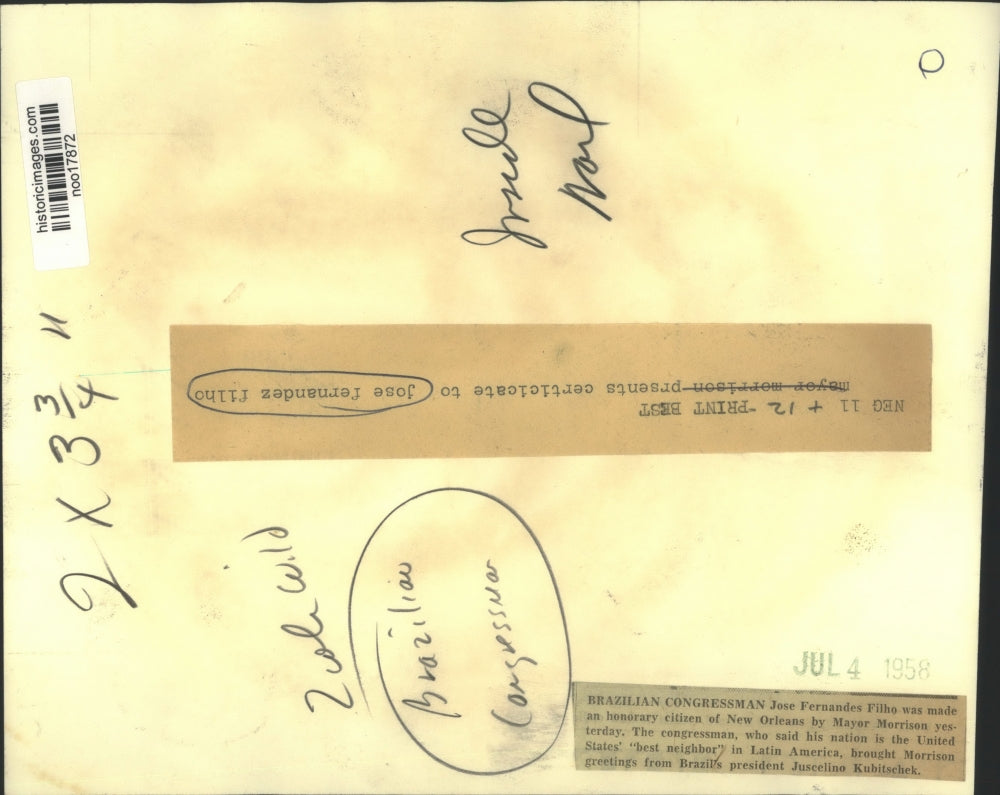 1958 Press Photo Brazilian congressman Jose Fernandes Filho, honorary citizen