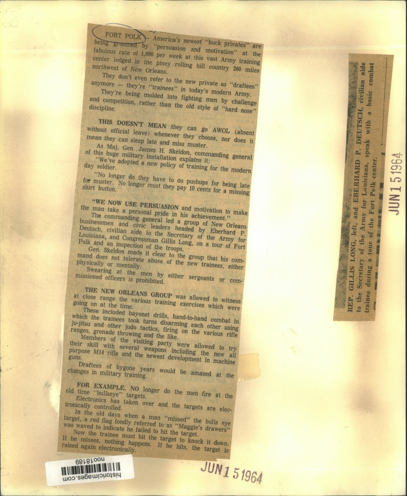 1964 Press Photo U.S. Representative Gillis Long and Eberhard Deutsch, Fort Polk