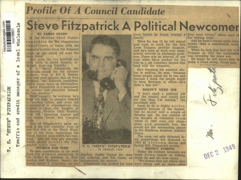 1949 Press Photo Candidate for Council T. S. "Steve" Fitzpatrick, New Orleans