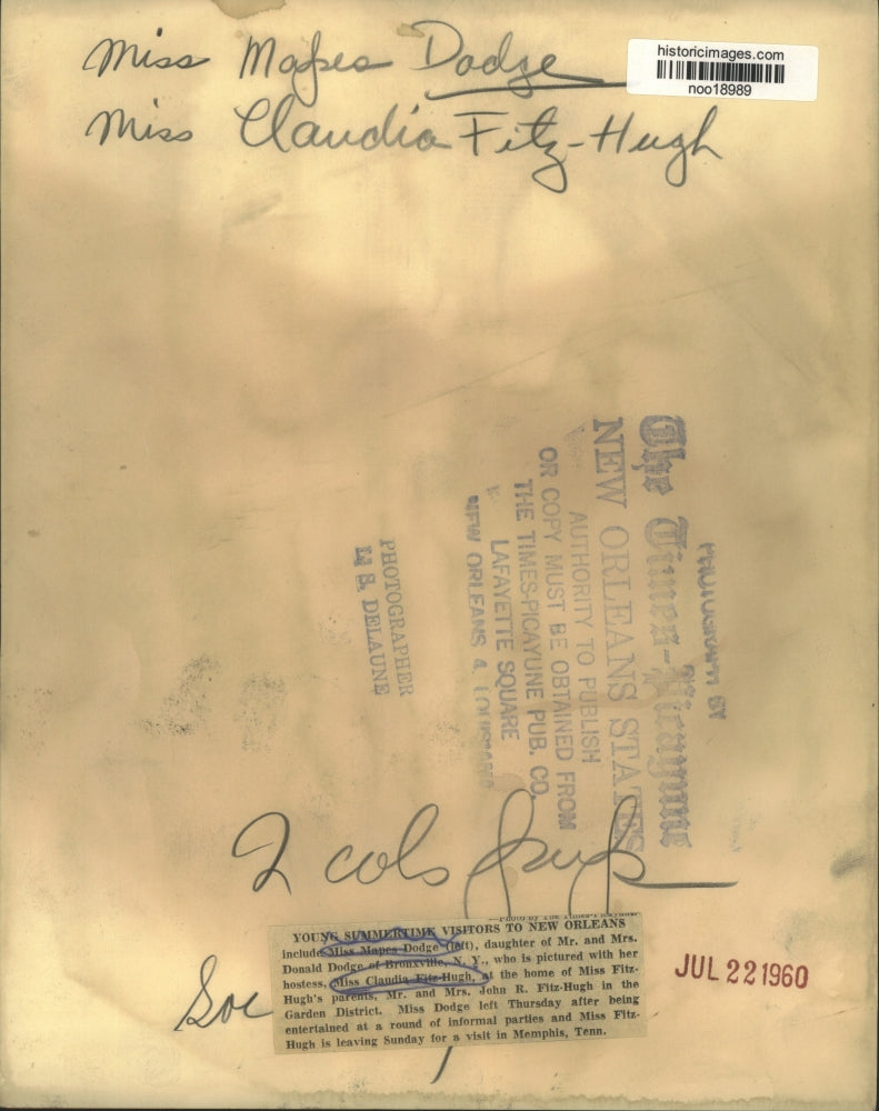 1960 Press Photo Miss Mapes Dodge Visits Miss Claudia Fitz-Hugh, New Orleans