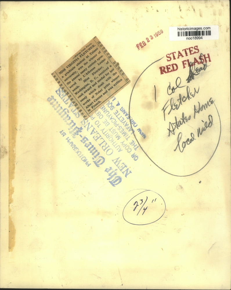 1959 Press Photo Tulane Grad Student Virginia Fletcher Wins Essay Contest