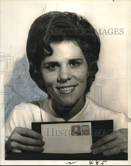 1971 Press Photo Mrs. Karole Fulton R.N.B.S.N. holds postage stamp post card