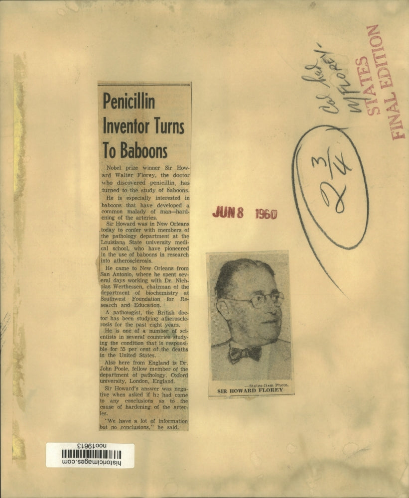 1960 Press Photo Sir Howard Florey with Dr. John Poole in New Orleans