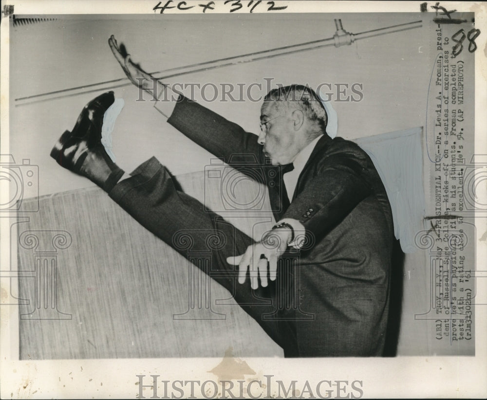 1961 Press Photo Russell Sage College President Kicks in Exercise Test, New York