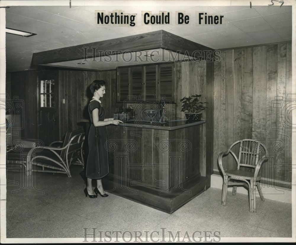 1955 Press Photo Playroom paneled with wild cherry Panawall by Fine Woods Co.