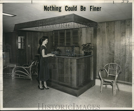 1955 Press Photo Playroom paneled with wild cherry Panawall by Fine Woods Co.