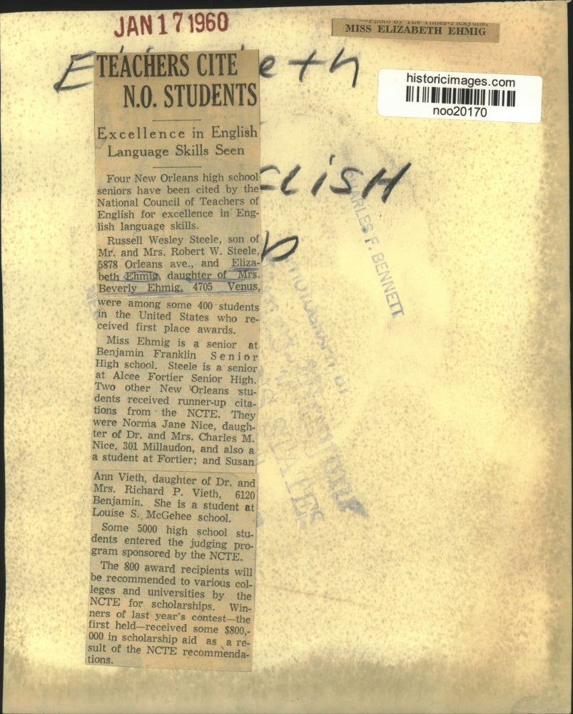 1960 Press Photo New Orleans High School Senior Student Elizabeth Ehmig