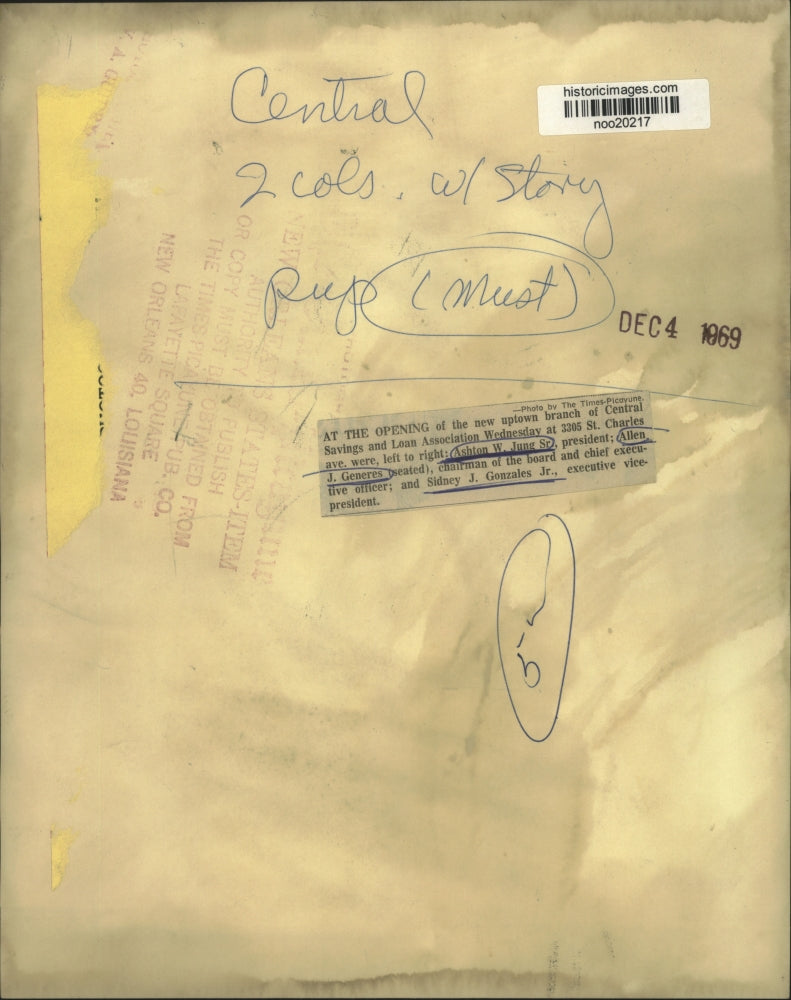 1969 Press Photo Central Savings & Loan Officers at Branch Opening, New Orleans