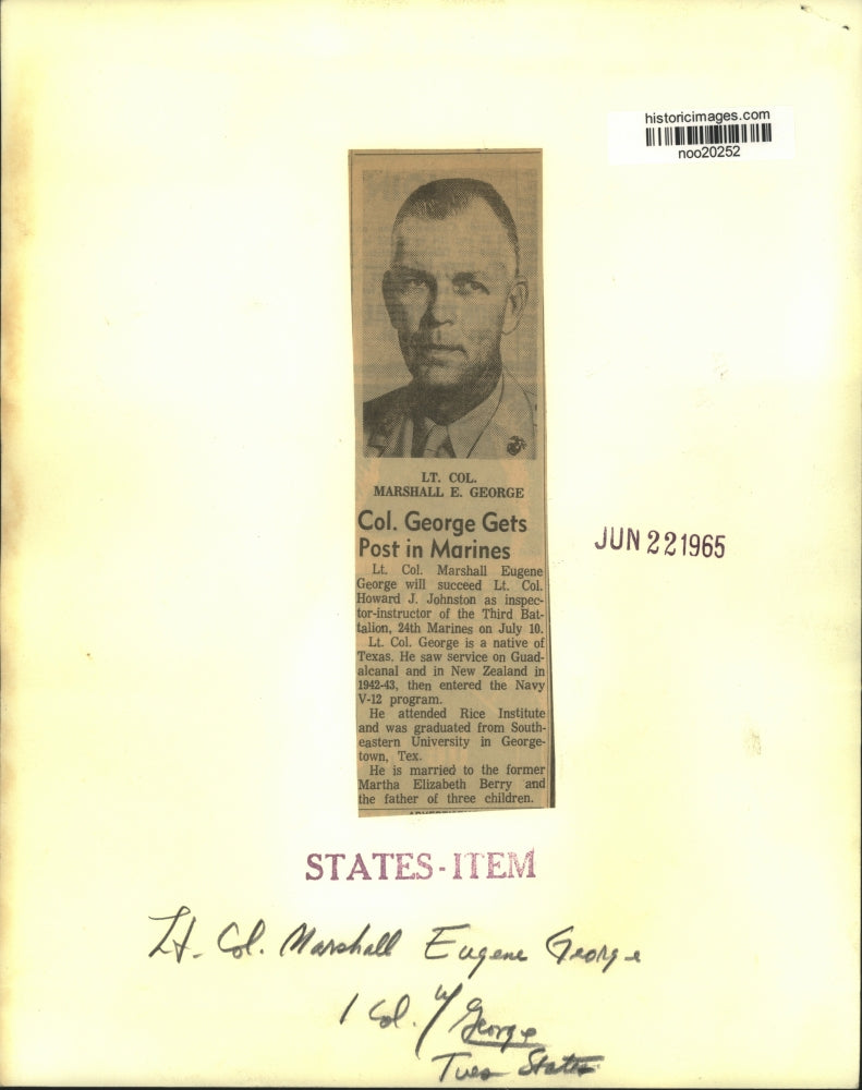 1965 Press Photo U.S. Marines Lieutenant Colonel Marshall George - noo20252