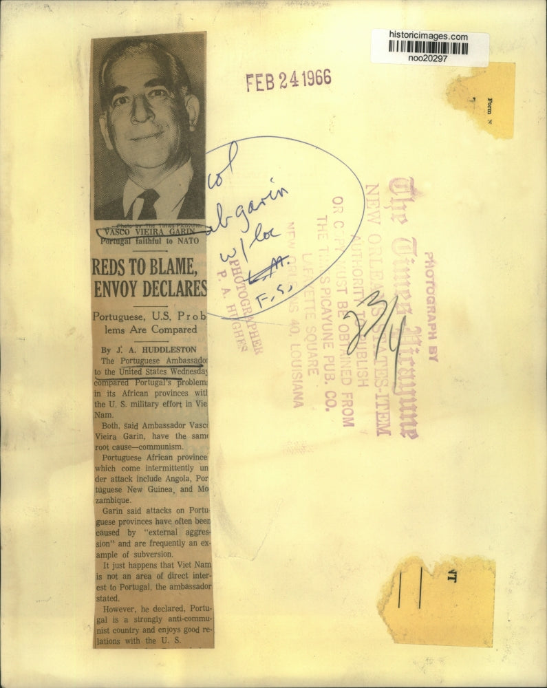 1966 Press Photo Portuguese Ambassador to U.S. Vasco Vieira Garin - noo20297