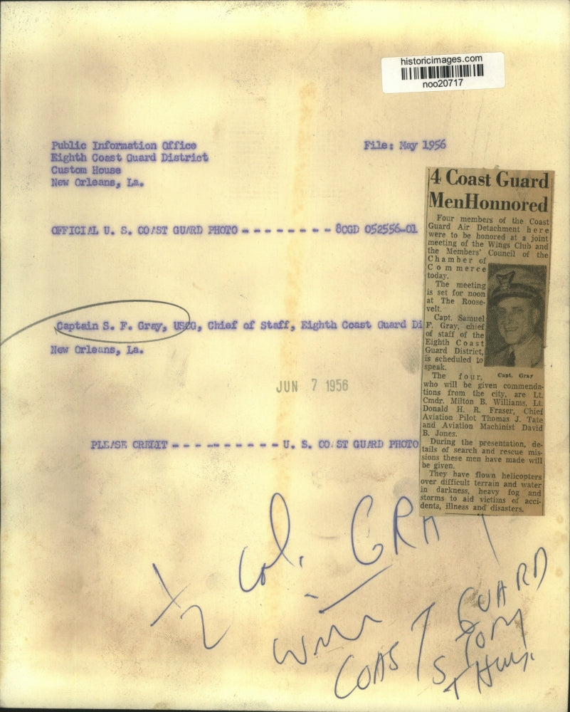 1956 Press Photo Samuel F. Gray, chief of staff of the Eight Coast Guard