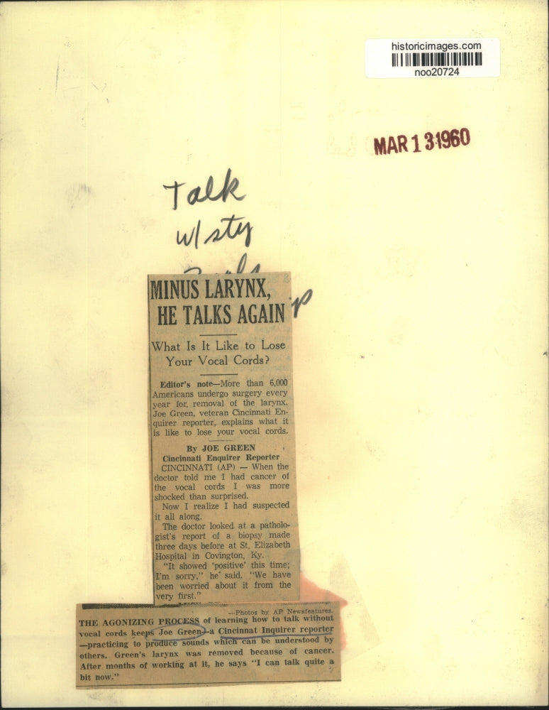 Load image into Gallery viewer, 1960 Press Photo Joe Green, learning how to talk without vocal cords
