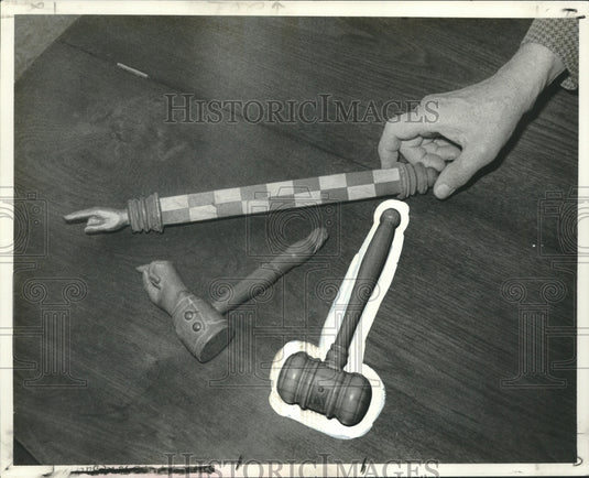 1977 Press Photo Gavels Depicting Development of a Rikstok to a Modern Gavel- Historic Images