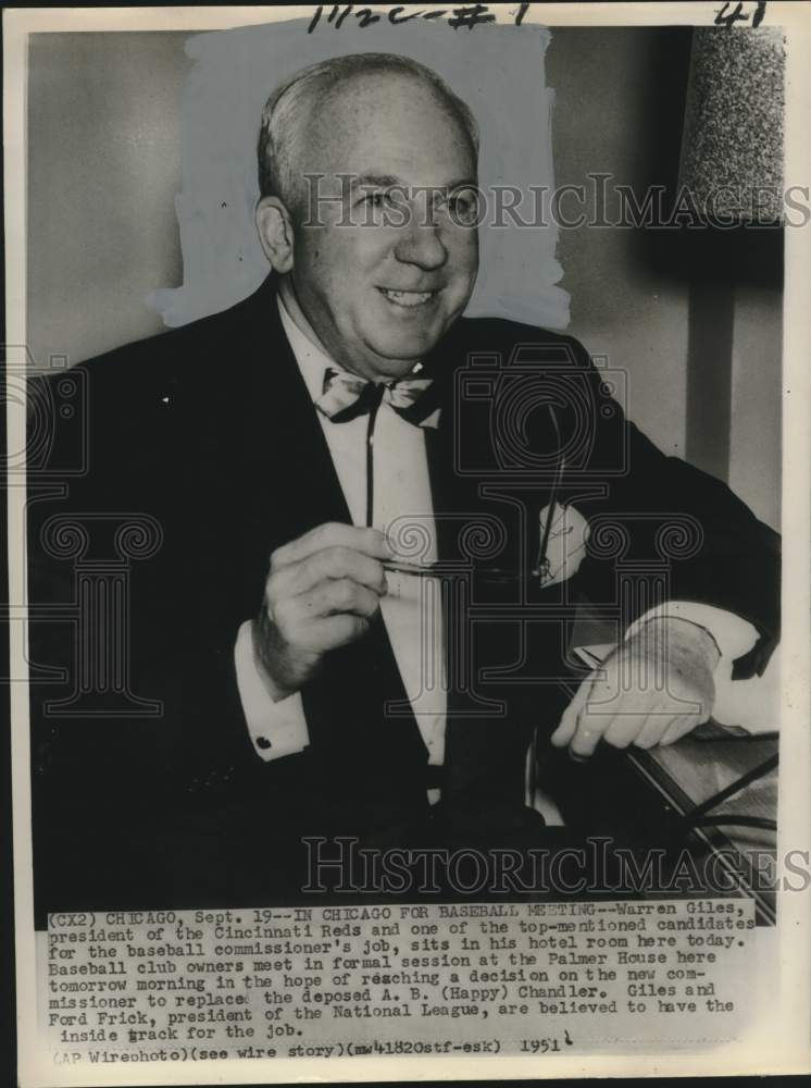 1951 Press Photo Cincinnati Reds Baseball Team President Warren Giles in Chicago- Historic Images