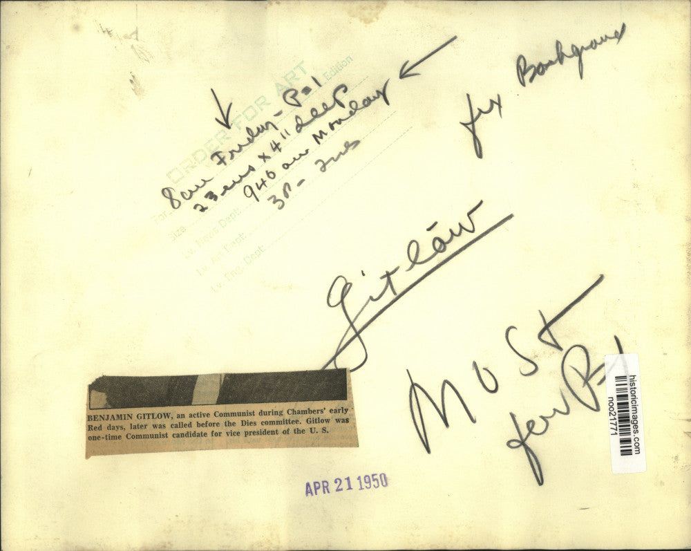 1950 Press Photo Benjamin Gitlow, Communist Before the Dies Committee